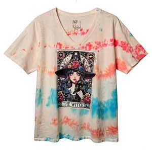 HANDMADE Upcycle Tie Dye V-Neck The Witch Graphic T-Shirt Large Womens